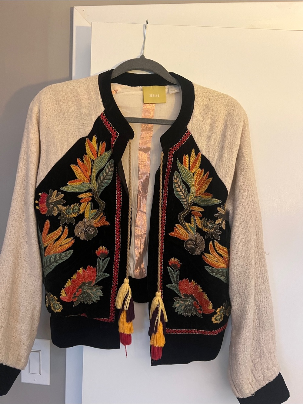 Maeve Black Front Embroidered Bomber Jacket with Cream Sleeves